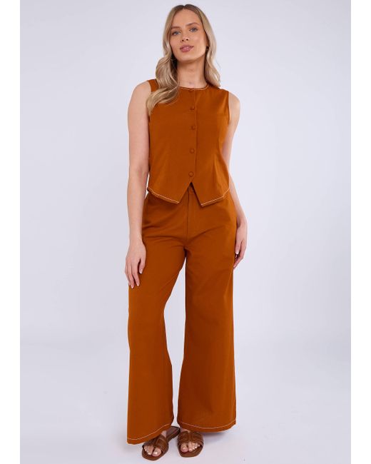 Gini London Brown Rust Cotton Contrast Stitch Detail Waist Coat