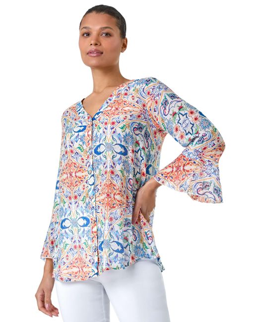 Roman Blue Abstract Floral Frill Sleeve Top