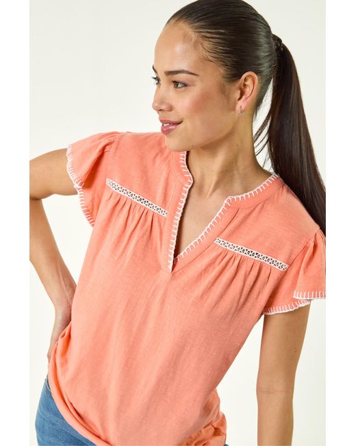 Roman Orange Petite Stitch Detail V-Neck Top