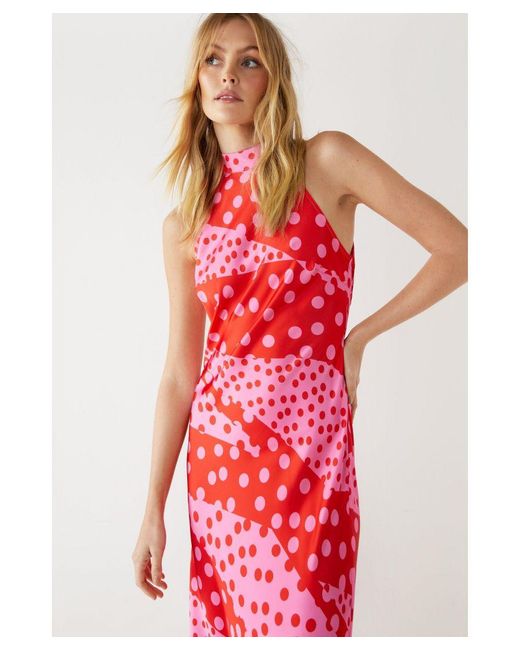 Warehouse Red Spot Satin Halter Neck Backless Maxi Dress