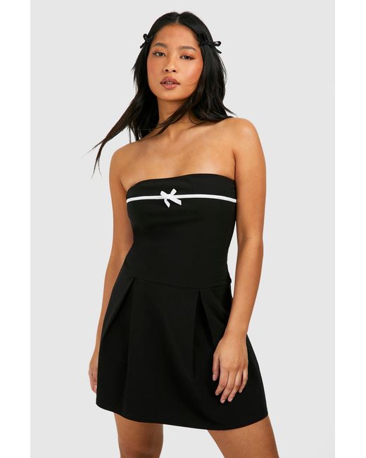 Boohoo Black Petite Bow Contrast Pleated Bandeau Mini Dress