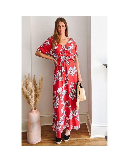 Sosandar Red & White Floral Print Ruched Sleeve Maxi Dress