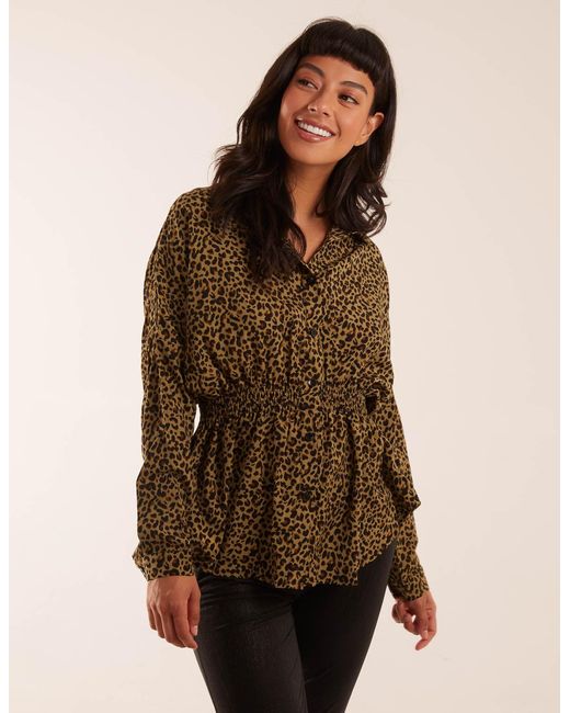 Blue Vanilla Brown Leopard Print Shirred Waist Shirt