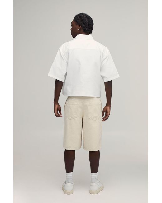 BoohooMAN Natural Boxy Cropped Half Sleeve Oxford Shirt for men