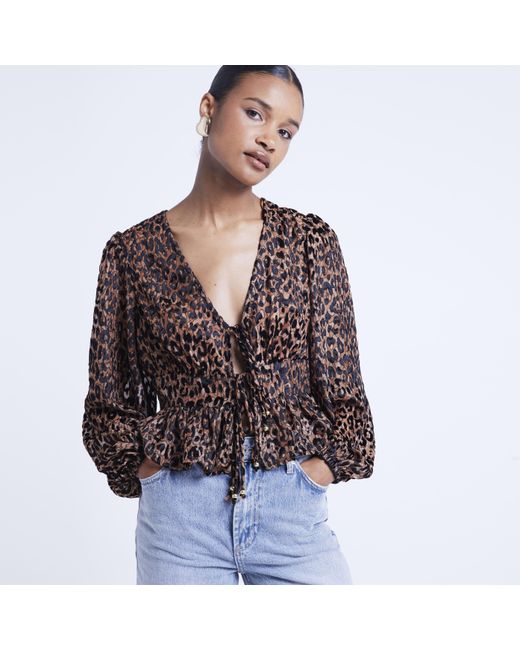 River Island White Blouse Leopard Print Tie Front Viscose