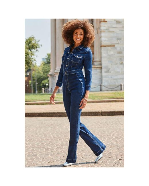Sosandar Blue Bootcut Denim Jumpsuit