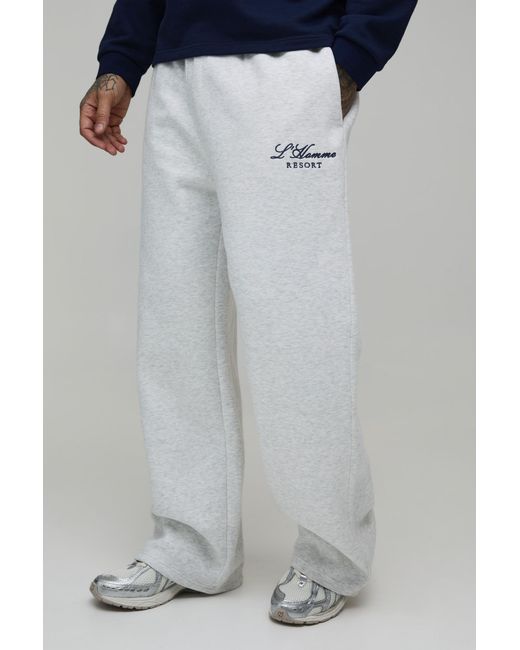 BoohooMAN Gray Tall Wide Leg Embroidered Homme Joggers for men