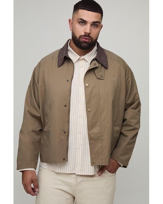 BoohooMAN Brown Plus Boxy Cord Collar Embroidered Worker Jacket for men