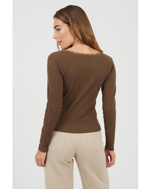 Brave Soul Brown Ribbed Long Sleeve Top With Lace Trim