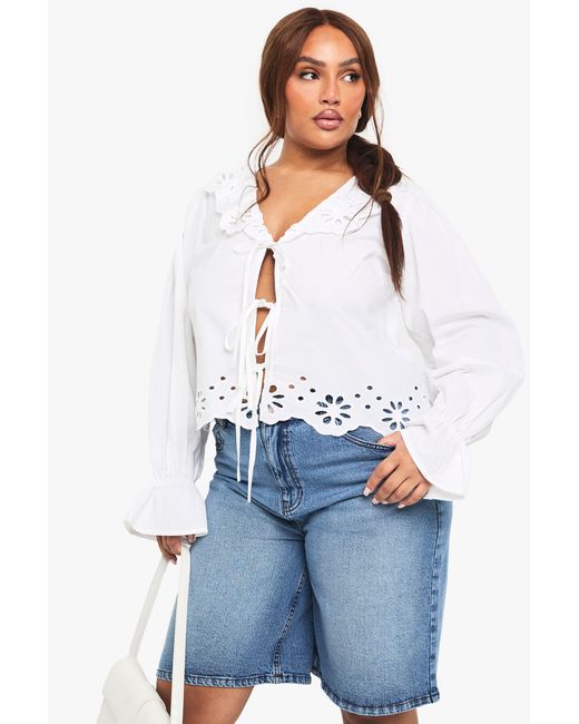 Boohoo White Plus Broderie Tie Detail Blouse
