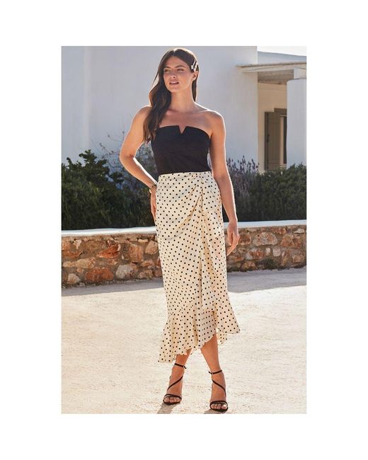 Sosandar Black Ivory Spot Print Satin Ruffle Hem Midi Skirt