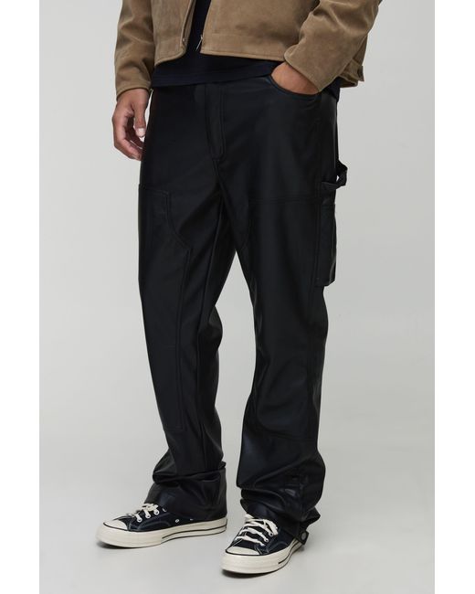 BoohooMAN Black Tall Leather Look Flared Carpenter Pants for men