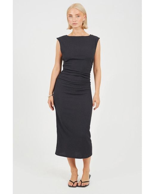 Brave Soul Blue Textured Jersey Midi Dress With Gathered Detail