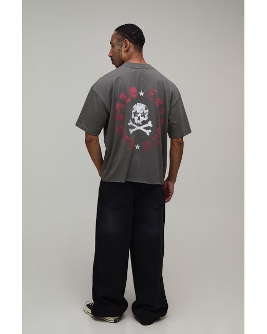 BoohooMAN Gray Oversized Skull Print Raw Hem T-Shirt Cotton for men