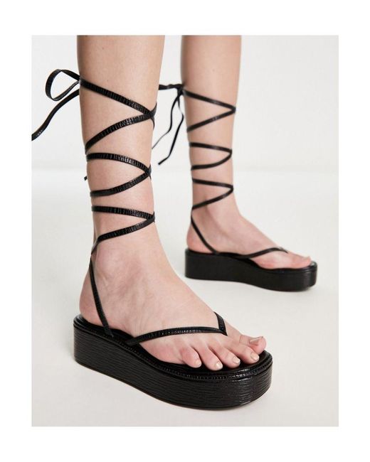 SIMMI Black London Talia Lace Up Toe Thong Flatform Sandals