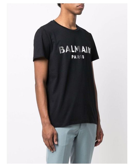 Balmain T-shirt Met Zilveren Logoprint In Zwart in het Black voor heren