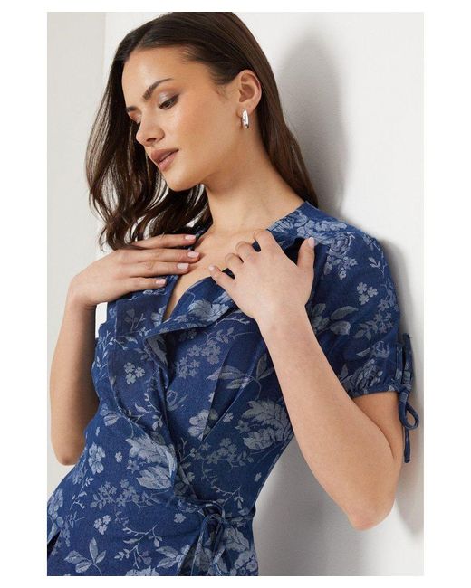 Oasis Blue Chambray Printed Wrap Ruffle Mini Dress