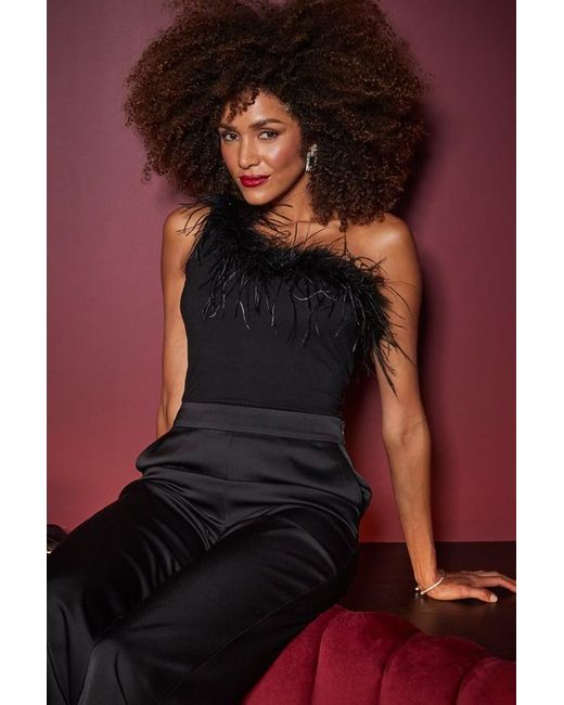 Sosandar Black One Shoulder Feather Trim Top