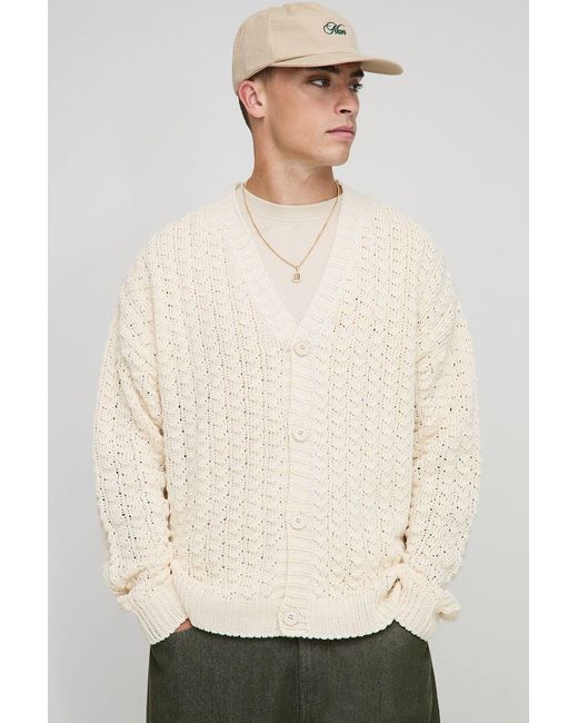 BoohooMAN Natural Relaxed Boxy Fit Cable Lace Knitted Cardigan for men