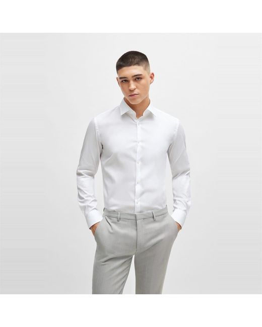 Boss White Slim Fit Long Sleeve Collared Oxford Shirt for men