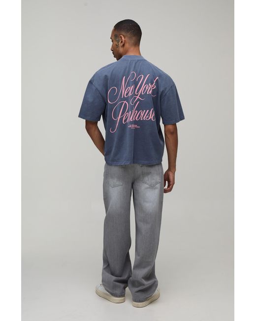 BoohooMAN Blue Washed Oversized Penthouse Puff Print T-Shirt Cotton for men