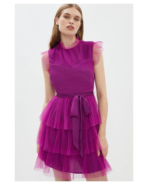 Coast Purple Tiered Mesh Belted Mini Dress