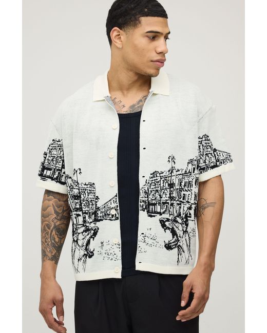 BoohooMAN Black Relaxed Boxy Line Scenic Knitted Shirt for men