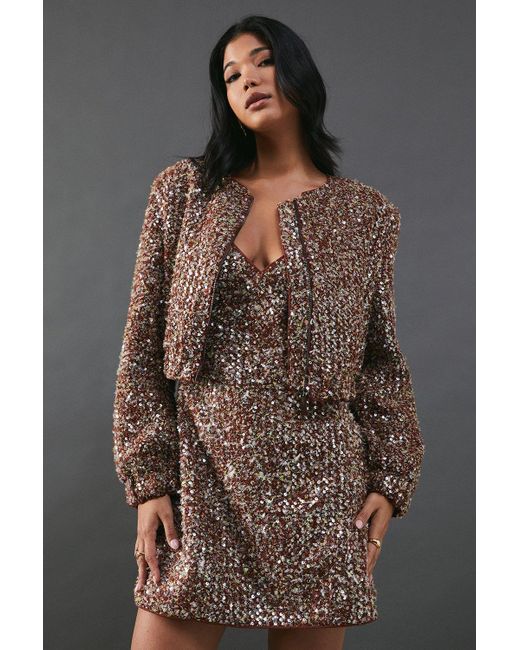 Warehouse Brown Sequin Boucle Cardigan Bomber Jacket