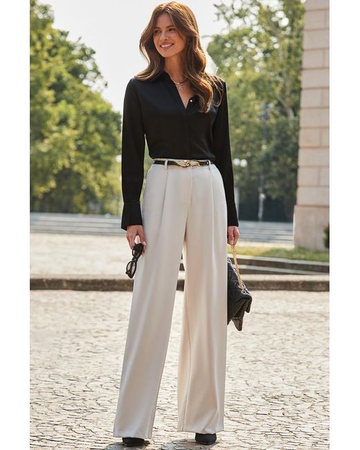 Sosandar Natural Ivory Wide Leg Pintuck Trousers