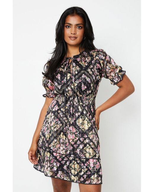 Oasis Black Floral Patchwork Chiffon Shirred Waist Mini Dress