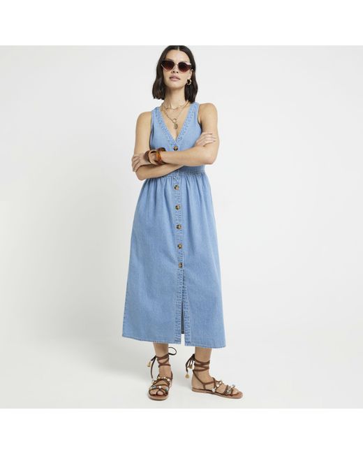 River Island Blue Denim Button Up Smock Midi Dress