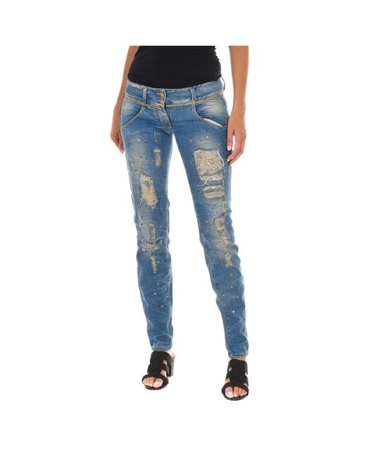 Met Blue Long Denim Pants Worn And Torn Effect 10Db50128