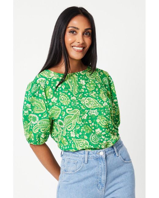 Wallis Green Petite Abstract Puff Sleeve Top Viscose