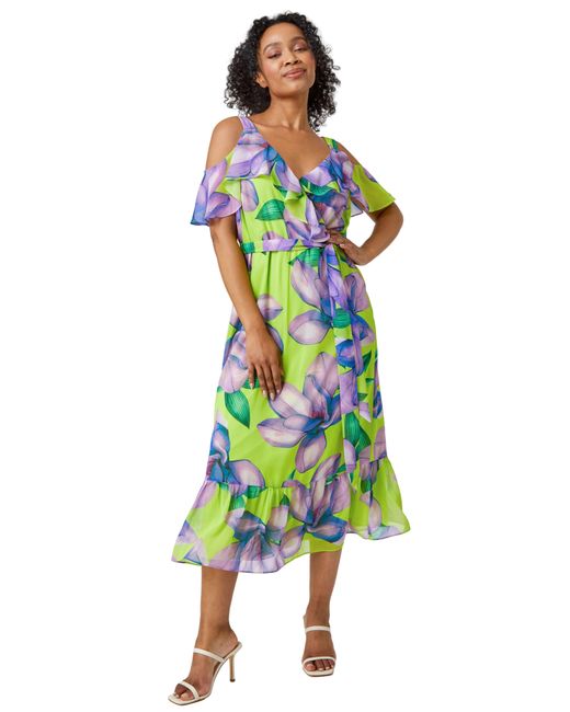Roman Petite Green Floral Cold Shoulder Midi Dress