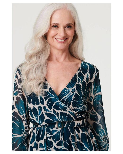 Izabel London Blue Floral Semi Sheer V-Neck Midi Dress