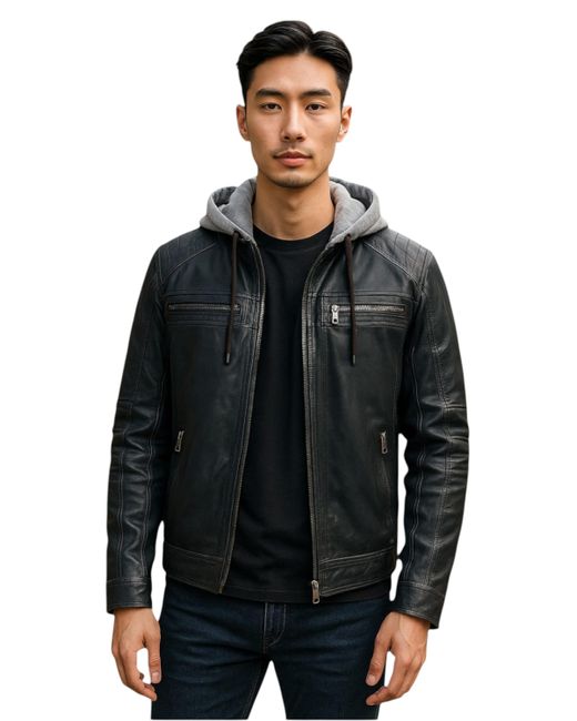 Infinity Leather Black Hooded Biker Lamb Jacket for men