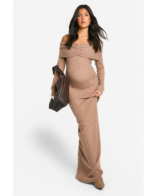Boohoo Natural Maternity Soft Rib Off Shoulder Column Maxi Dress
