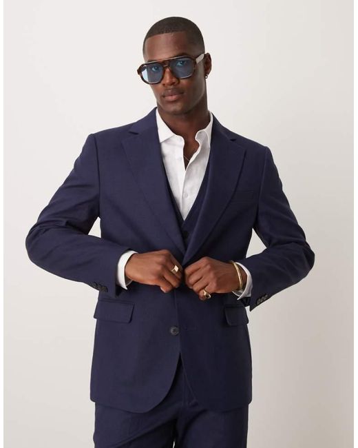 ASOS Blue Linen Blend Slim Suit Jacket for men