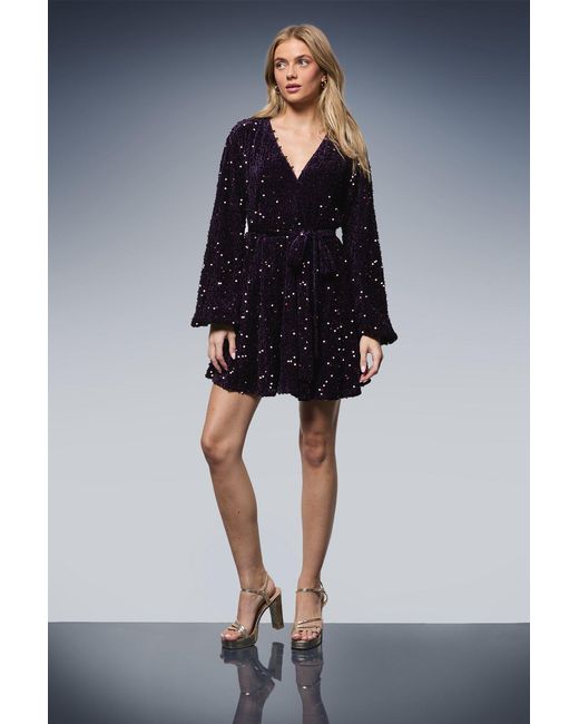 Oasis Blue Sequin Long Sleeve Button Detail Mini Dress