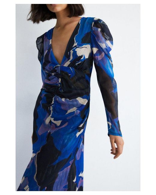 Warehouse Blue Abstract Ruched Front V Neck Midi Dress