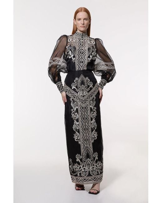 Karen Millen Black Embroidered Organdie Woven Midi Skirt