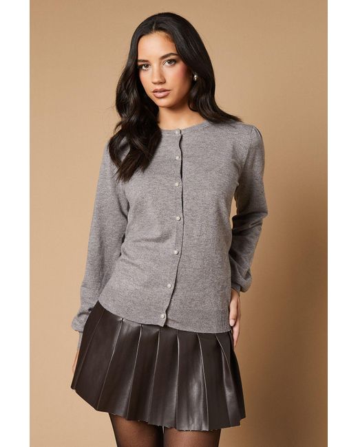 Oasis Gray Pearl Button Through Puff Sleeve Cardigan
