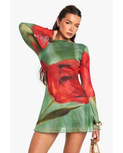 Boohoo Green Floral Mesh Flare Sleeve Mini Dress