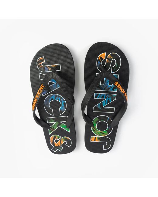 Jack & Jones Blue Logo Palm Print Flip-Flops Anthracite for men