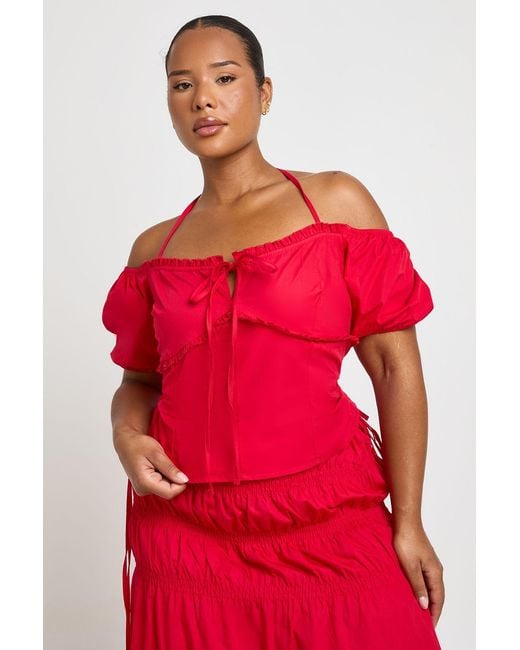 Boohoo Red Plus Poplin Corset Detail Top