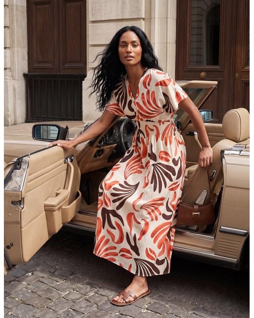Blue Vanilla Brown V Neck Abstract Leaf Print Dress