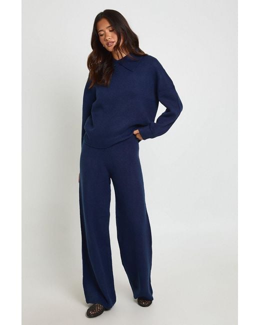 Boohoo Blue Chunky Knit Collar Detail Oversized Jumper And Wide Leg Trouser Co-Ord