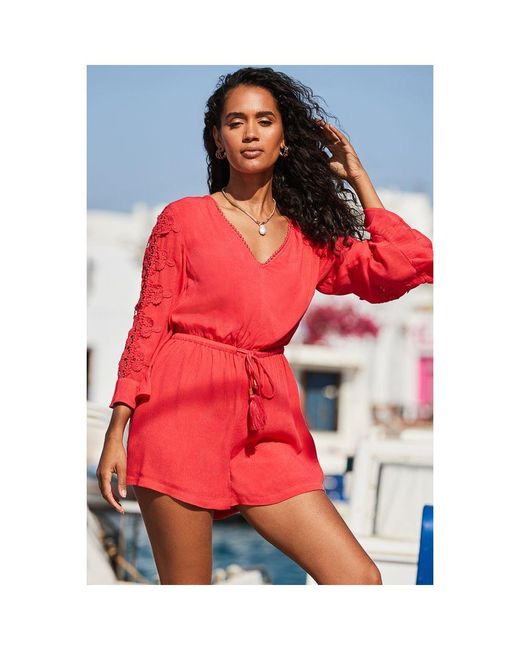 Sosandar Orange Coral Crochet Sleeve Tassel Detail Playsuit