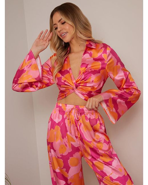 Chi Chi London Red Long Sleeve V Neck Satin Twist Abstract Print