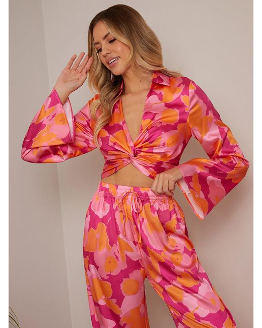 Chi Chi London Red Long Sleeve V Neck Satin Twist Abstract Print